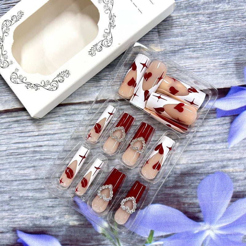CJDLTS Heart Fake Nails Valentine's Red French Tip Press on Nails Long Red Love Heart Lip Design Acrylic Nails 3D Heart Coffin Nails Square Artificial Nails Full Cover Holiday Stick on Nails for Women - Image 3